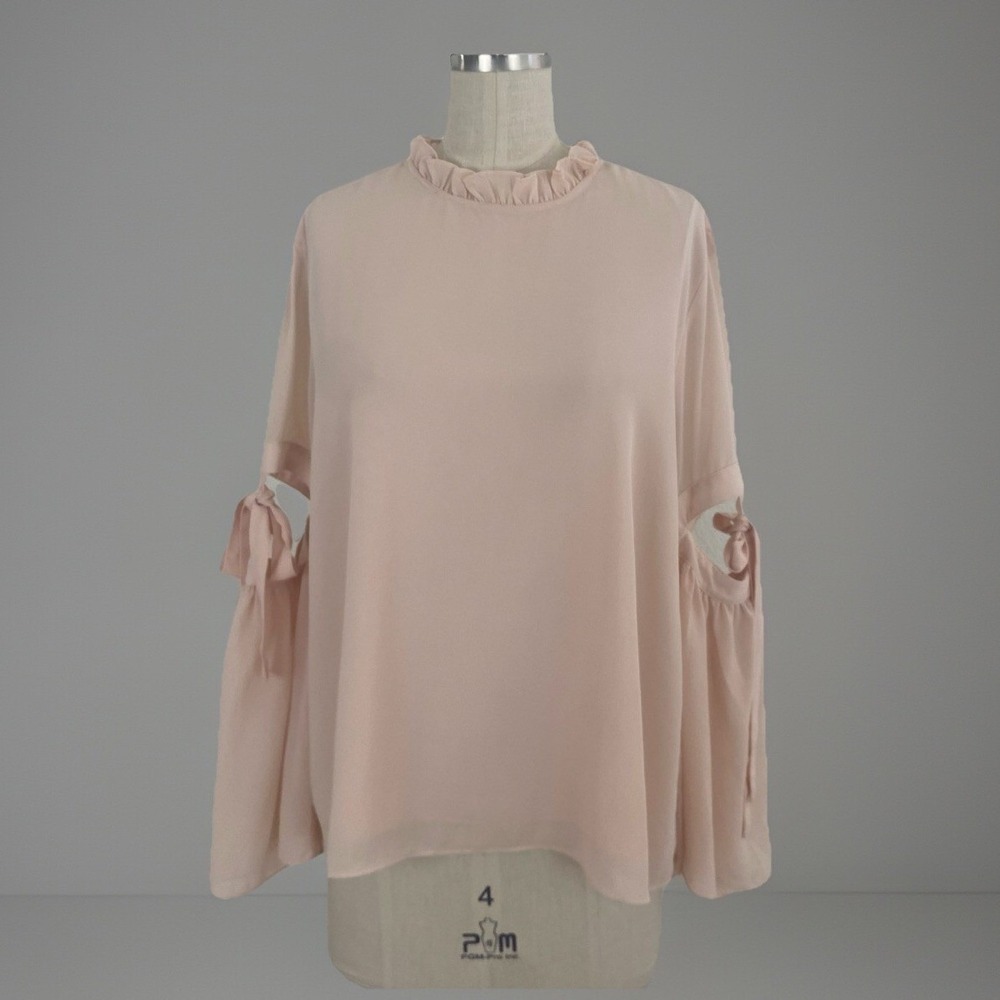 Vintage ARYEH Top Pink Ruffle Blouse Cut-Out Tie Sleeves High Neck Boho Romantic - Picture 2 of 13